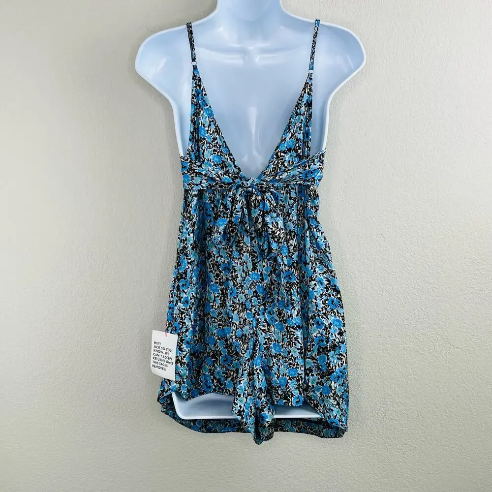 Topshop Floral Tie Back Romper Blue Black Boho Summer Beach Festival 6 NWT